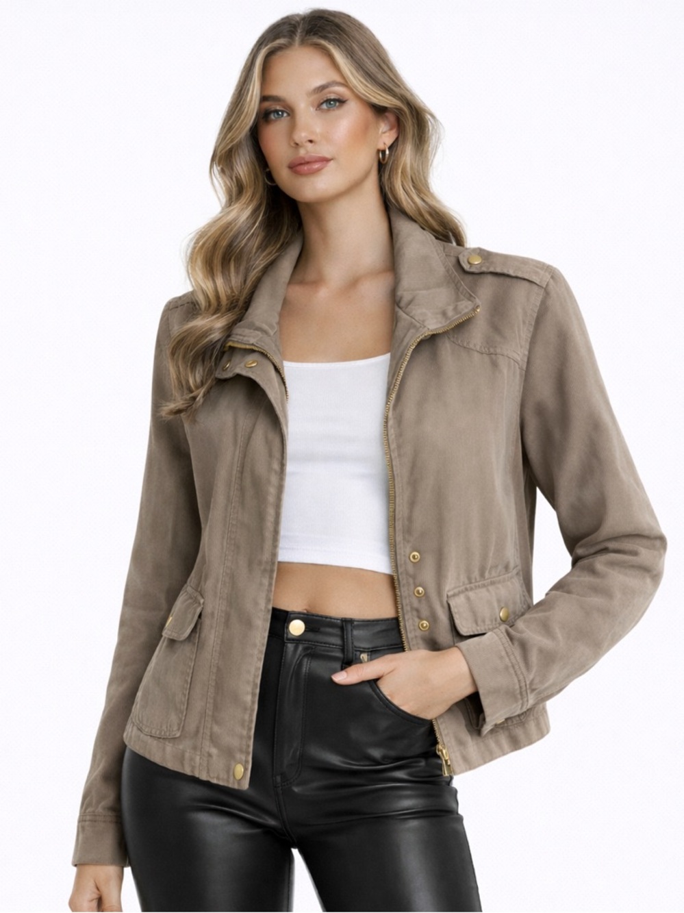 Zara Taupe Utility Green Khaki Jacket with Gold Hardware - Women XS